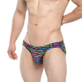 Vibrant rainbow-striped swim trunks with bold zebra pattern from metromalewear disco bikini 5103-m43 collection
