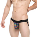 Vibrant rainbow-striped metroMalewear disco jock strap 3001-M43 with black elastic waistband and side straps