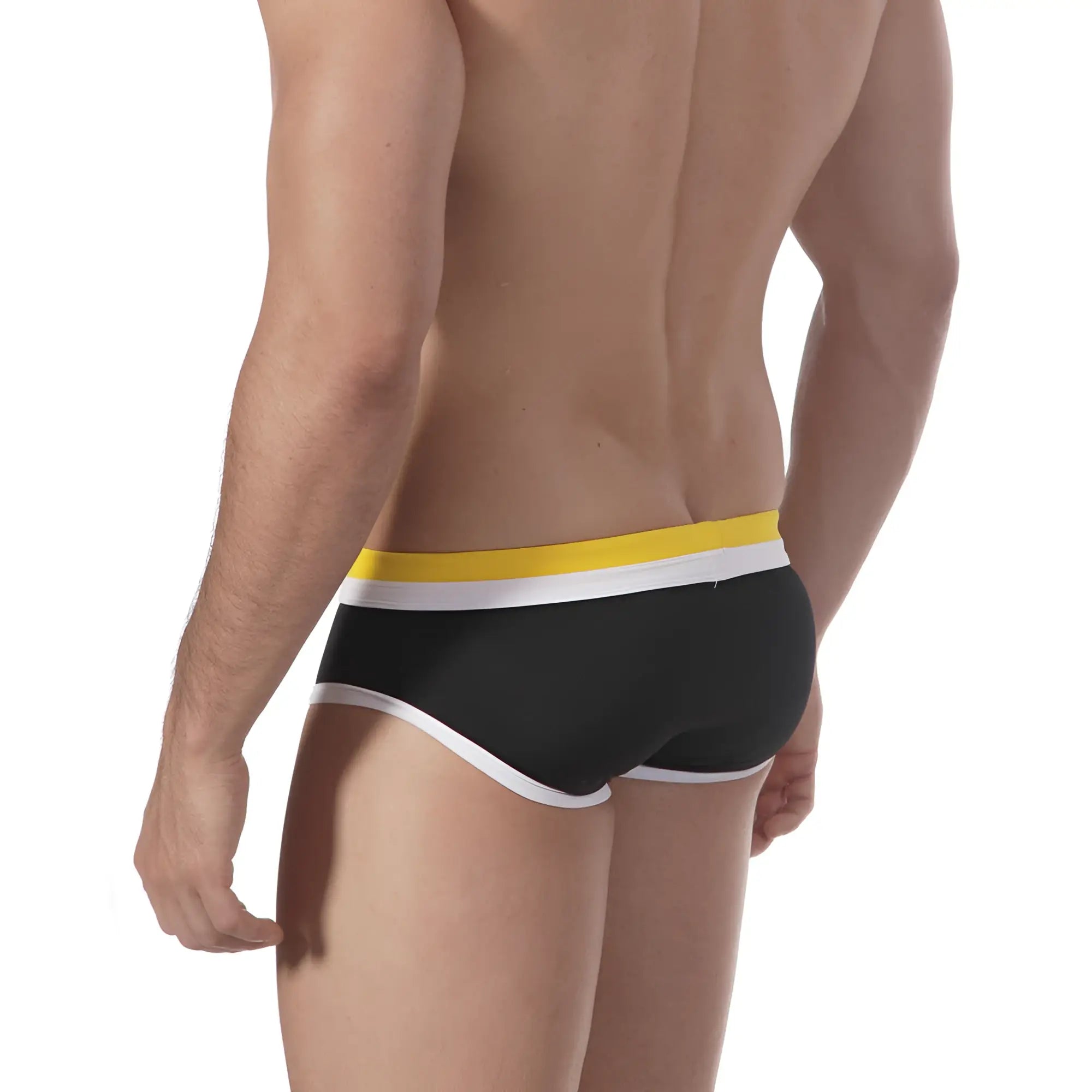 Black swim trunks with a bold yellow and white striped waistband from MetroMaleWear double band swim brief collection