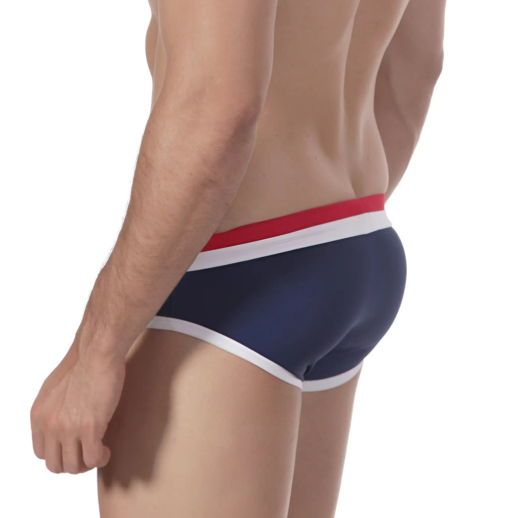 Navy blue metroMalewear double band swim brief 4916-28 with red and white striped waistband for men