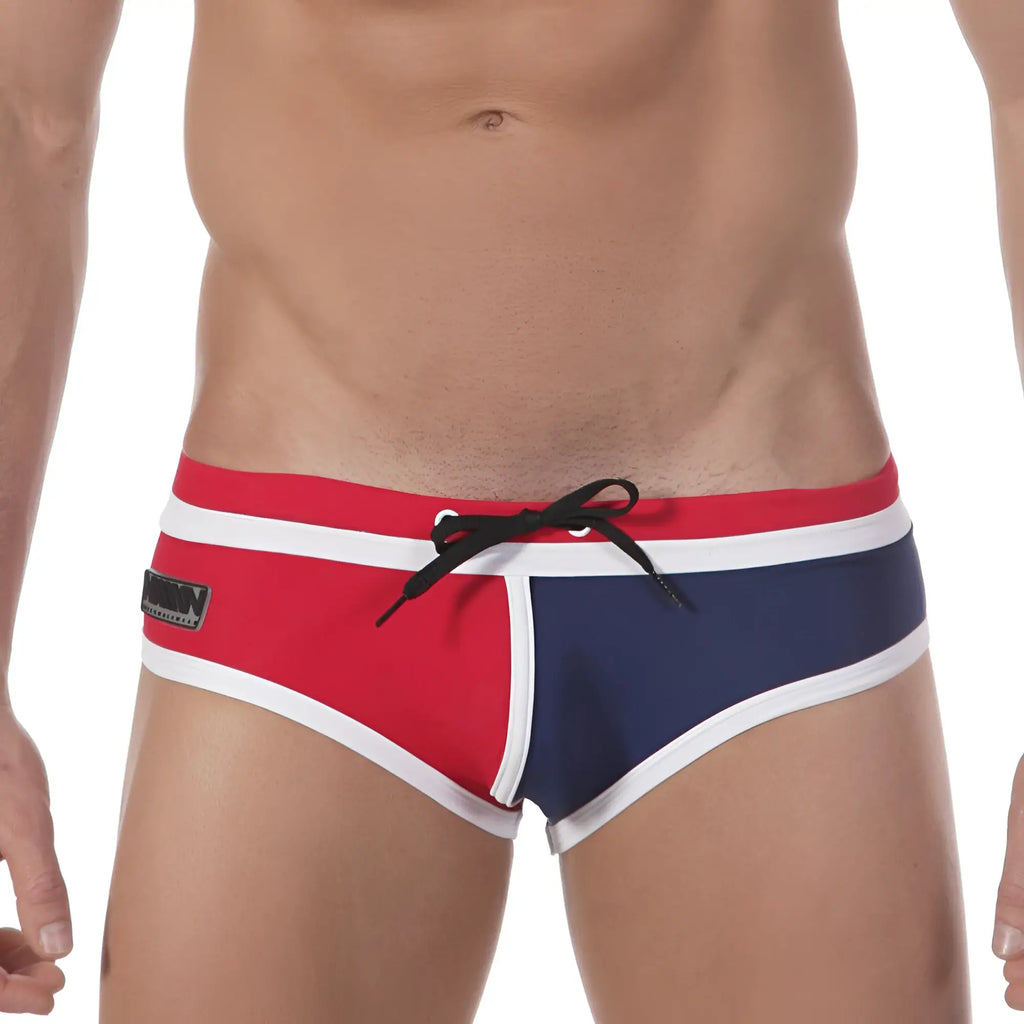 MetroMalewear double band swim brief navy with red and navy blue trunks white trim and black drawstring