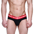 Black metro malewear downhole brief with red elastic waistband and white logo lettering 3029-20