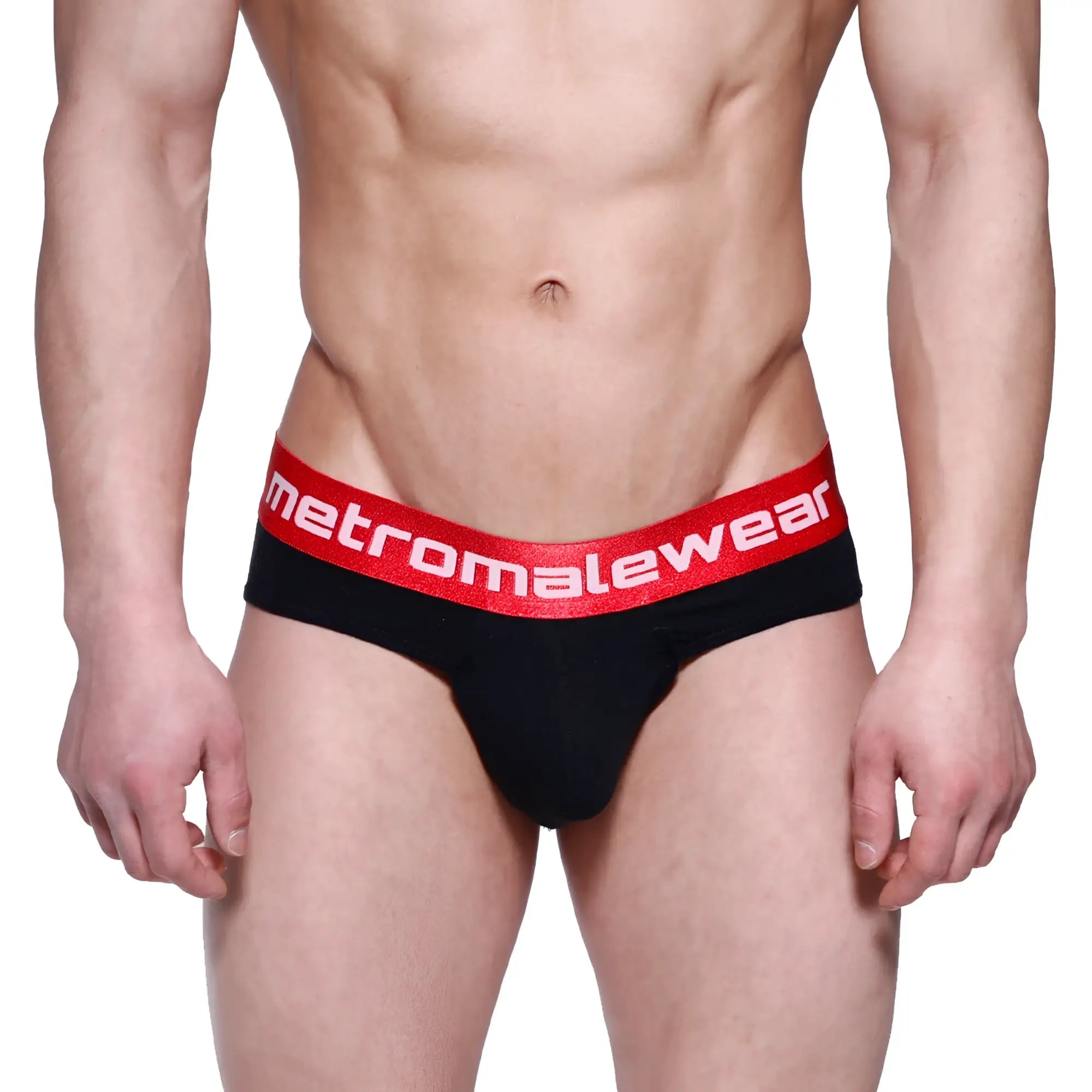 Black metro malewear downhole brief with red elastic waistband and white logo lettering 3029-20