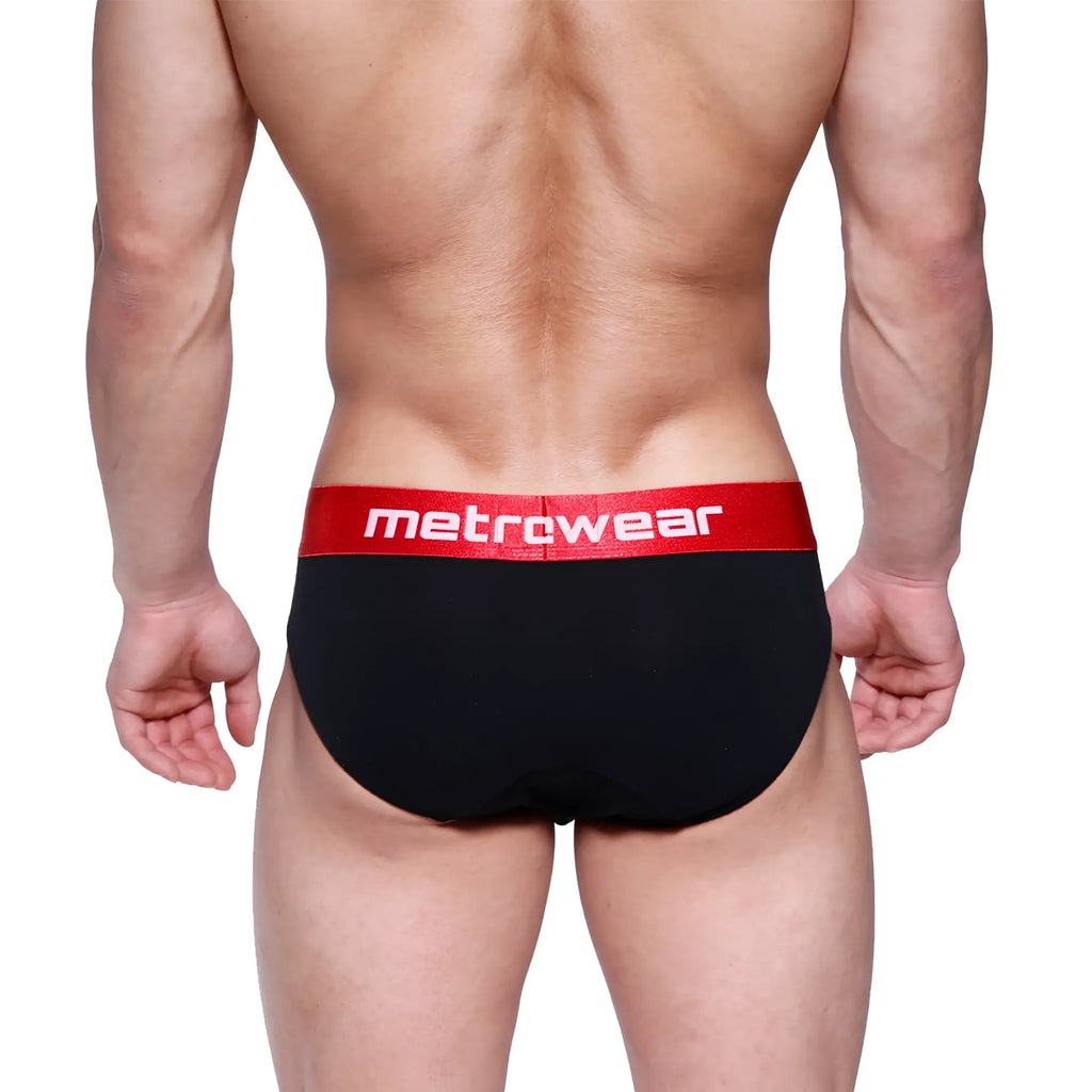 Black metro male wear downhole briefs with red waistband and white metrowear logo for comfortable support