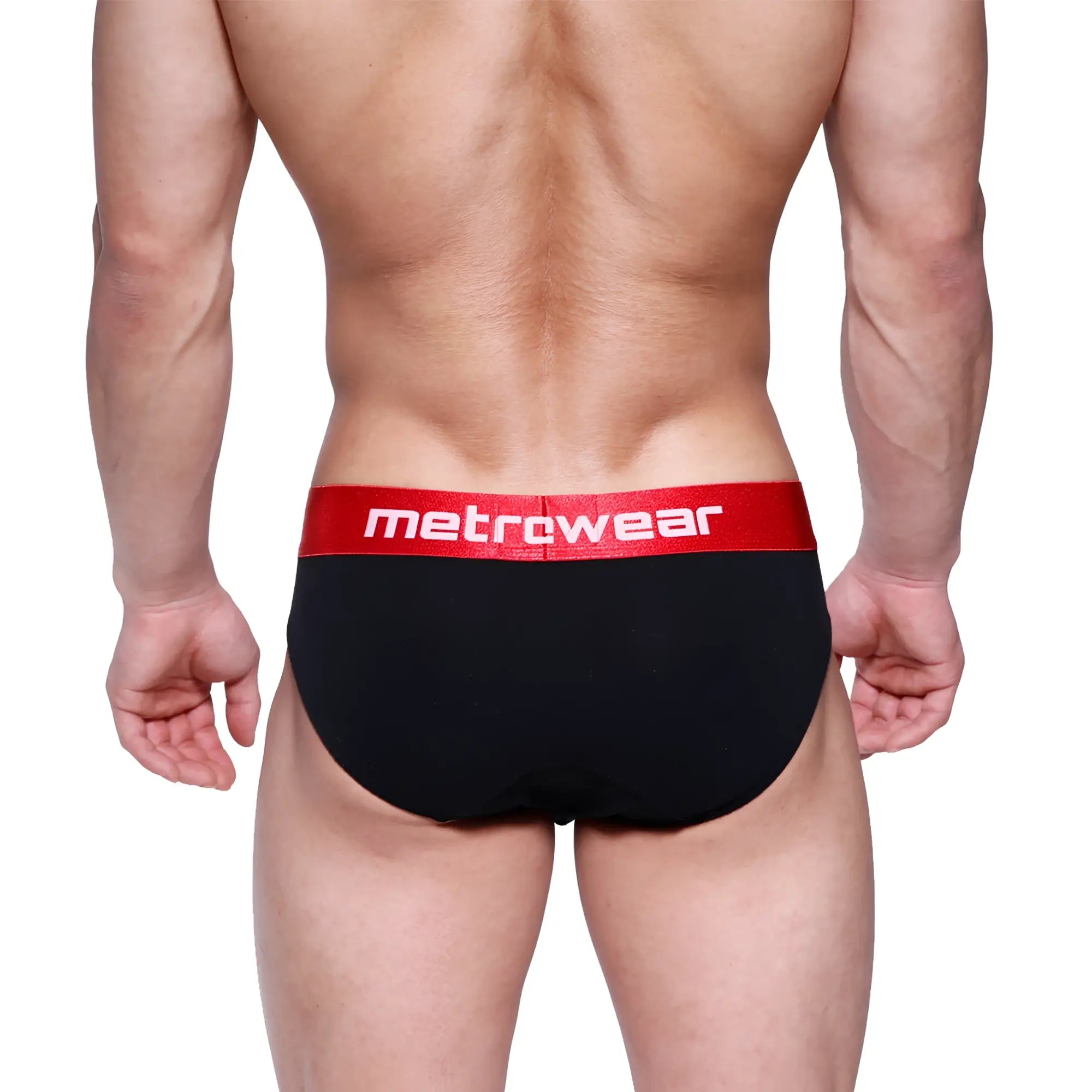 Black metro male wear downhole briefs with red waistband and white metrowear logo for comfortable support