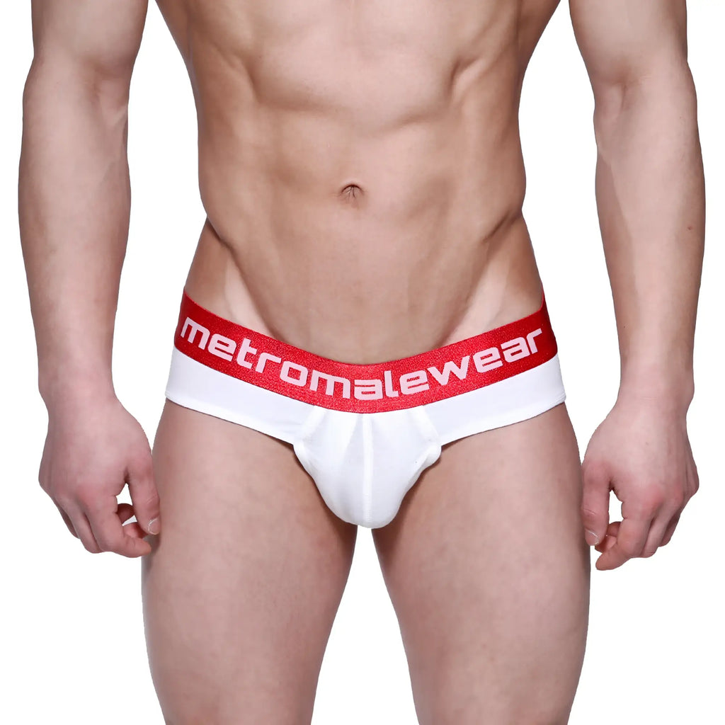 White briefs with red waistband featuring metromalewear logo in white lettering from MetroMaleWear Downhole Brief 3029-00