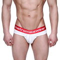 White briefs with red waistband featuring metromalewear logo in white lettering from MetroMaleWear Downhole Brief 3029-00