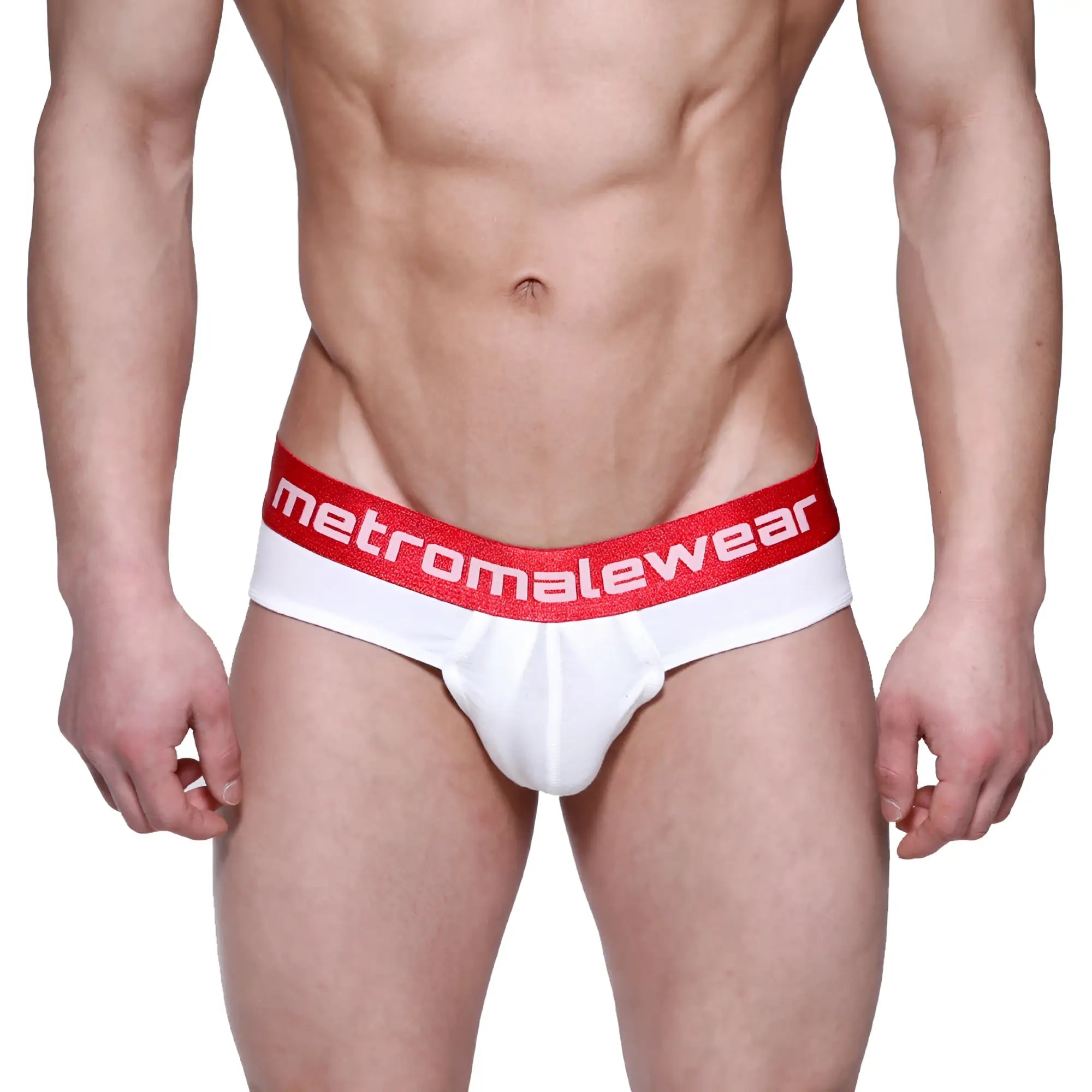 White briefs with red waistband featuring metromalewear logo in white lettering from MetroMaleWear Downhole Brief 3029-00