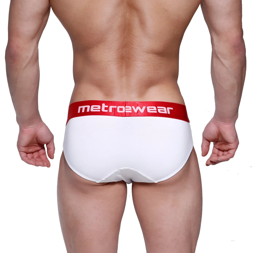 White briefs with a red waistband featuring metro2wear logo from metromalewear downhole brief white 3029-00