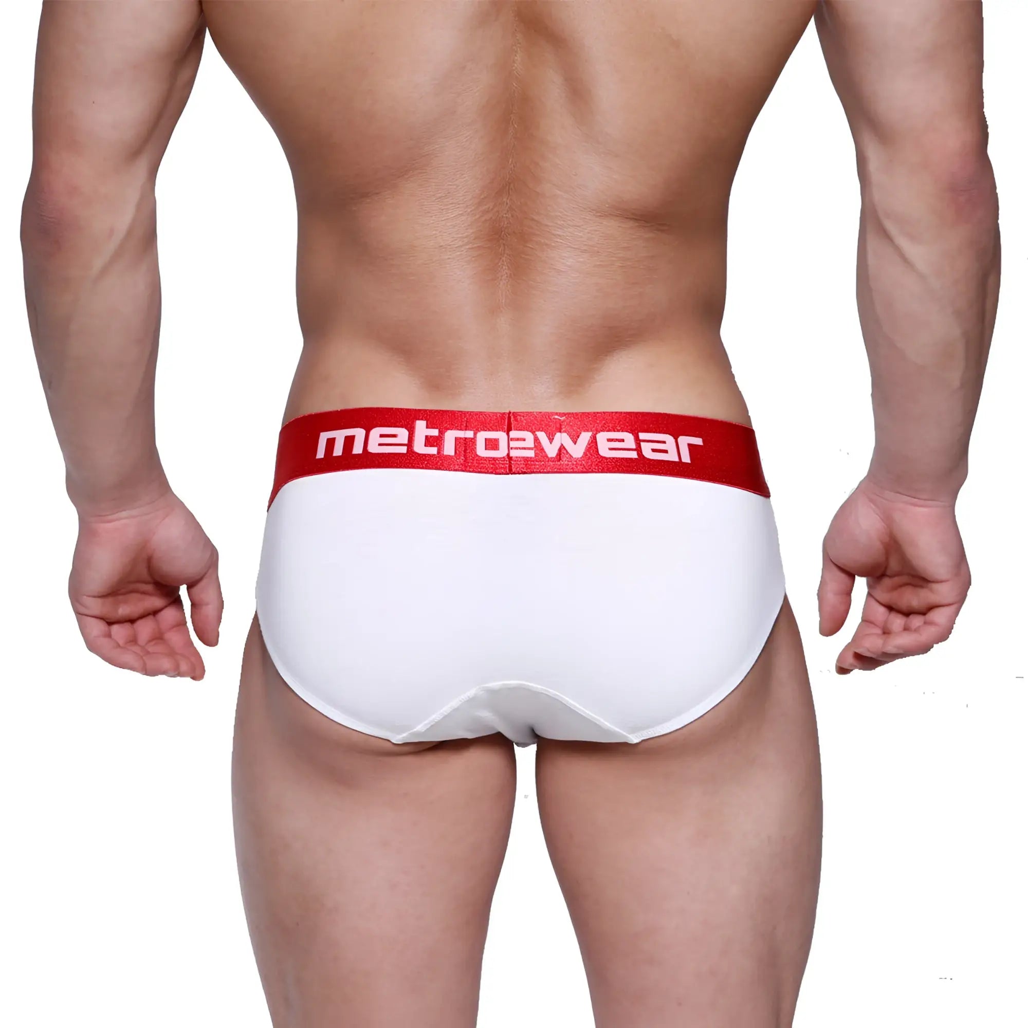 White briefs with a red waistband featuring metro2wear logo from metromalewear downhole brief white 3029-00