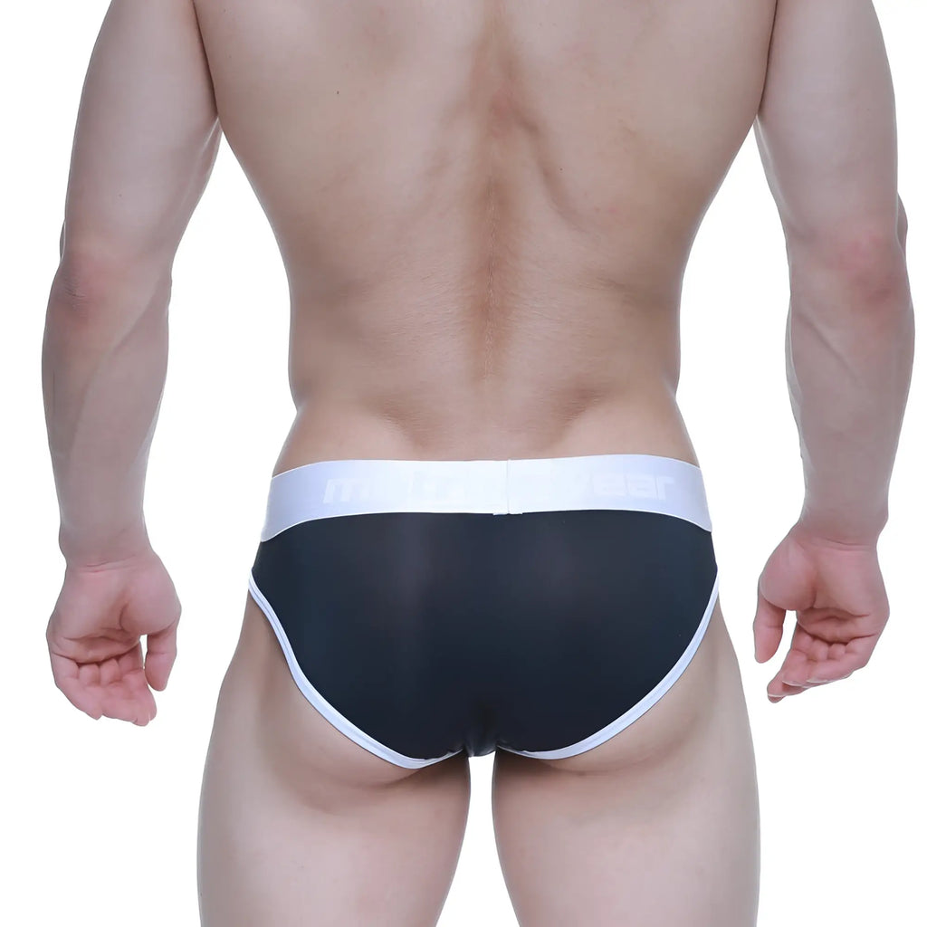 Black mesh briefs with white trim and waistband from MetroMaleWear dream bikini black 2803-20 collection
