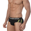 Black men’s briefs with neon green mesh accents and white mromalewear logo on waistband metro malewear drive hip brief