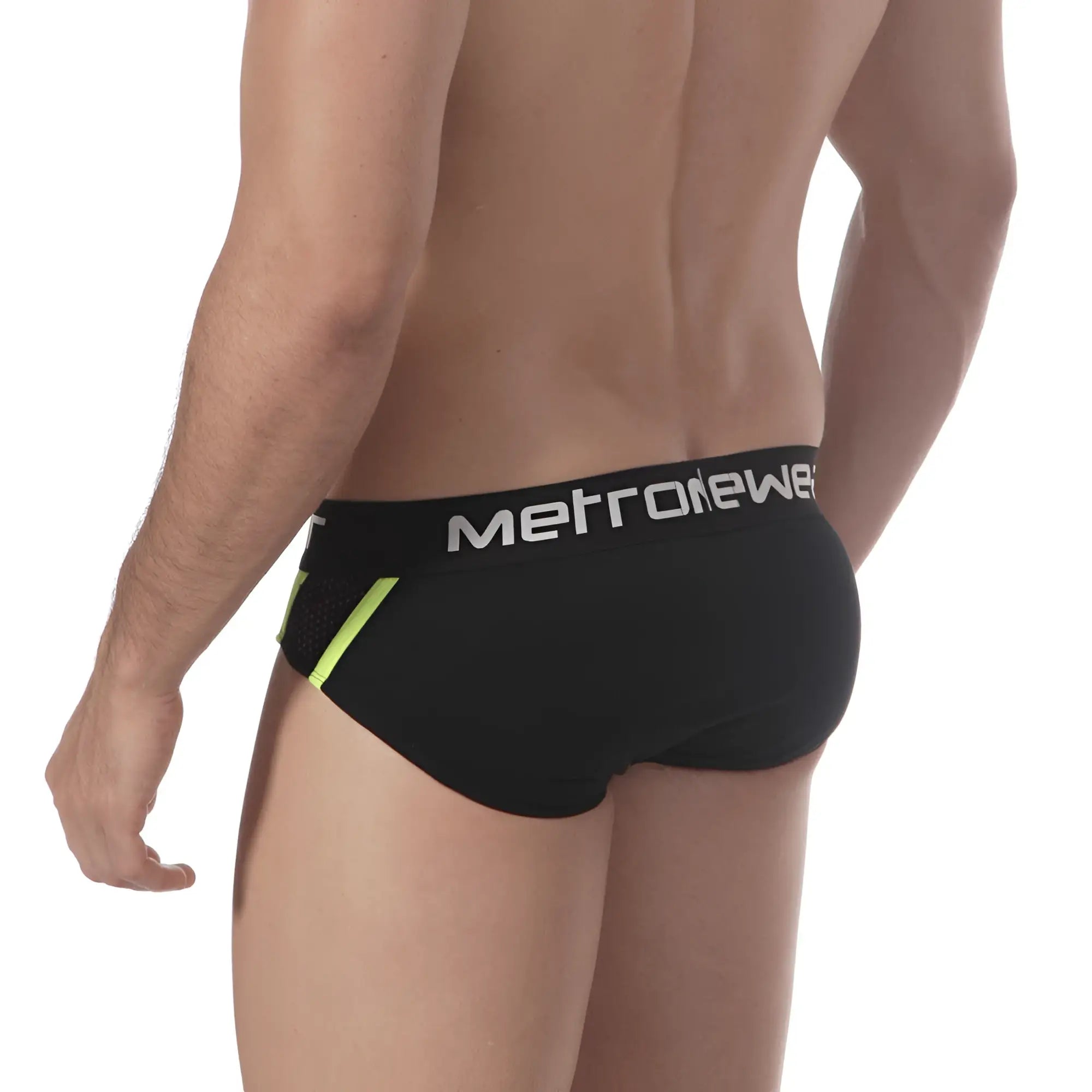 Black metronewer mens briefs with neon green side panels and white logo band metroMalewear drive hip brief 5003-73