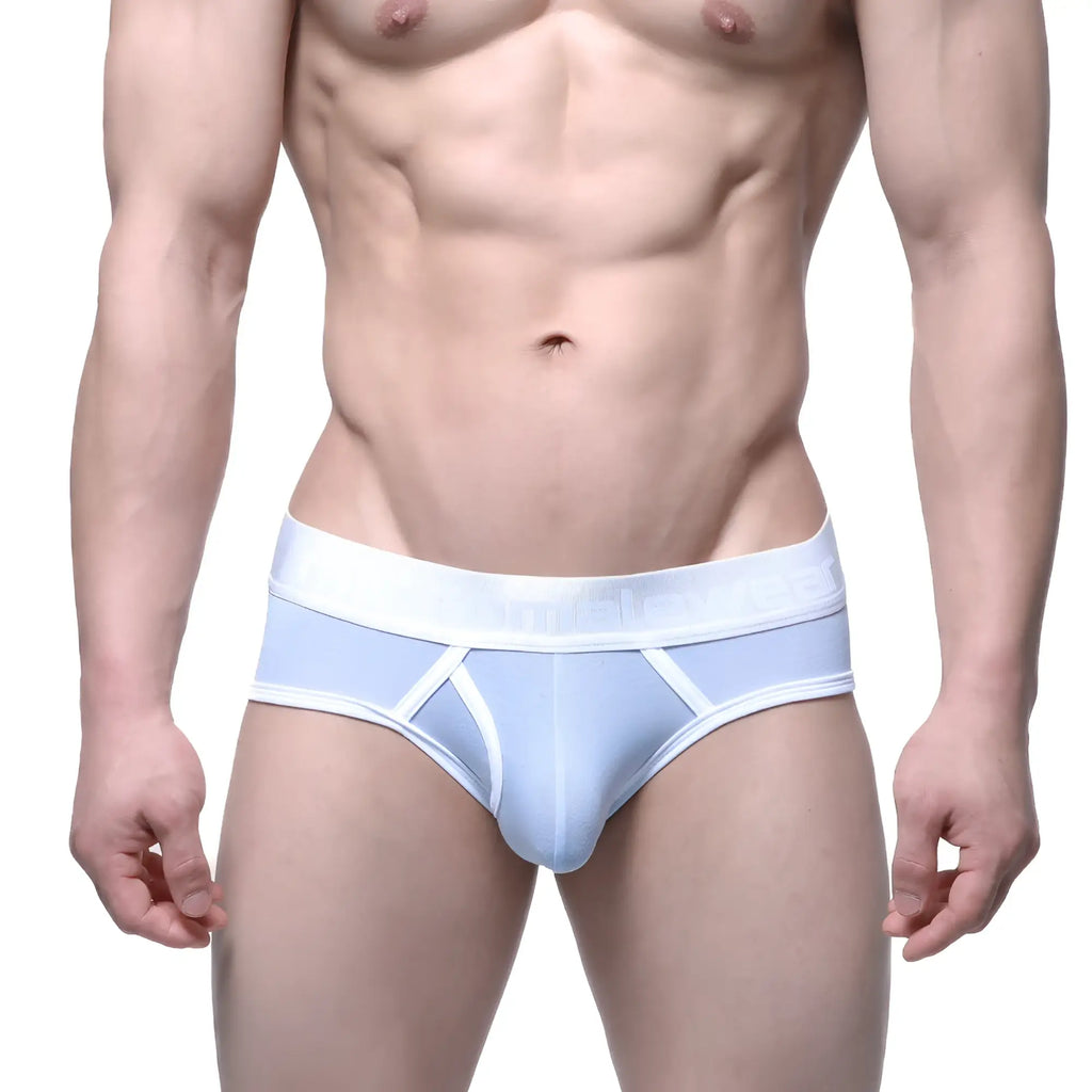 Light blue mens briefs with white trim and subtle logo on waistband metro malewear duke brief baby blue 1103-08
