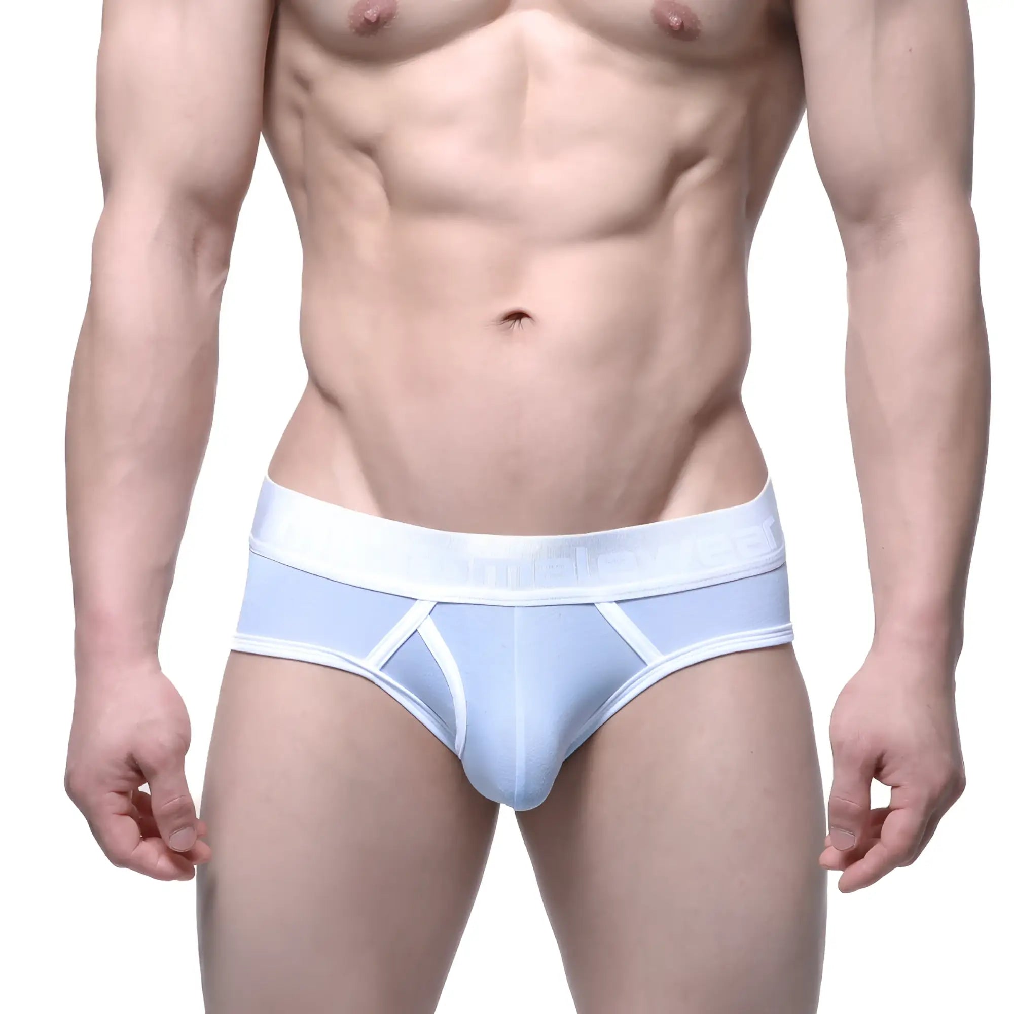 Light blue mens briefs with white trim and subtle logo on waistband metro malewear duke brief baby blue 1103-08