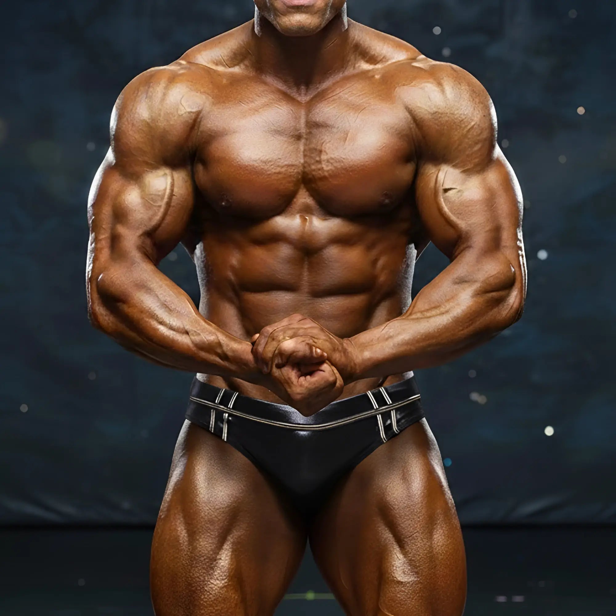 A muscular man wearing black MetroMaleWear Duque swim briefs with silver trim and a form-fitting design