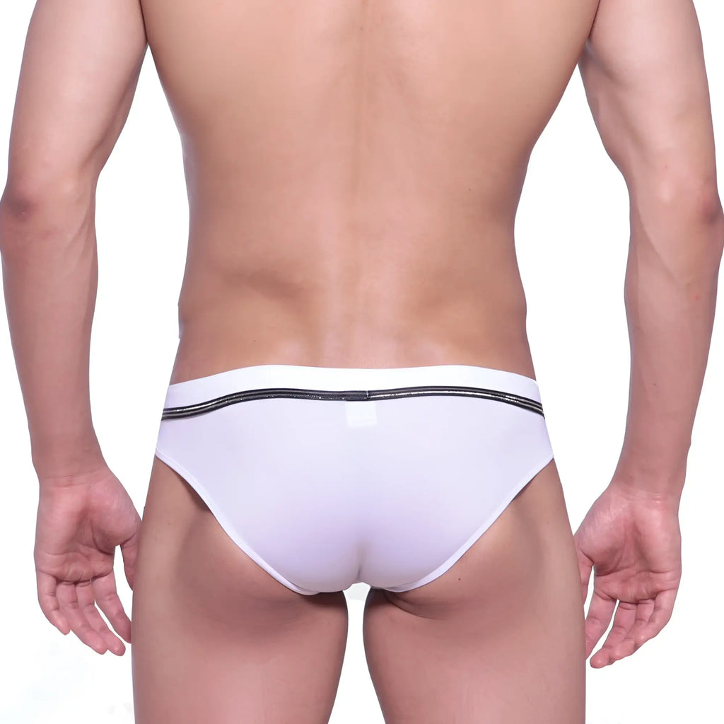 MetroMaleWear Duque swim brief white with black glittery elastic waistband offering stylish swimwear comfort