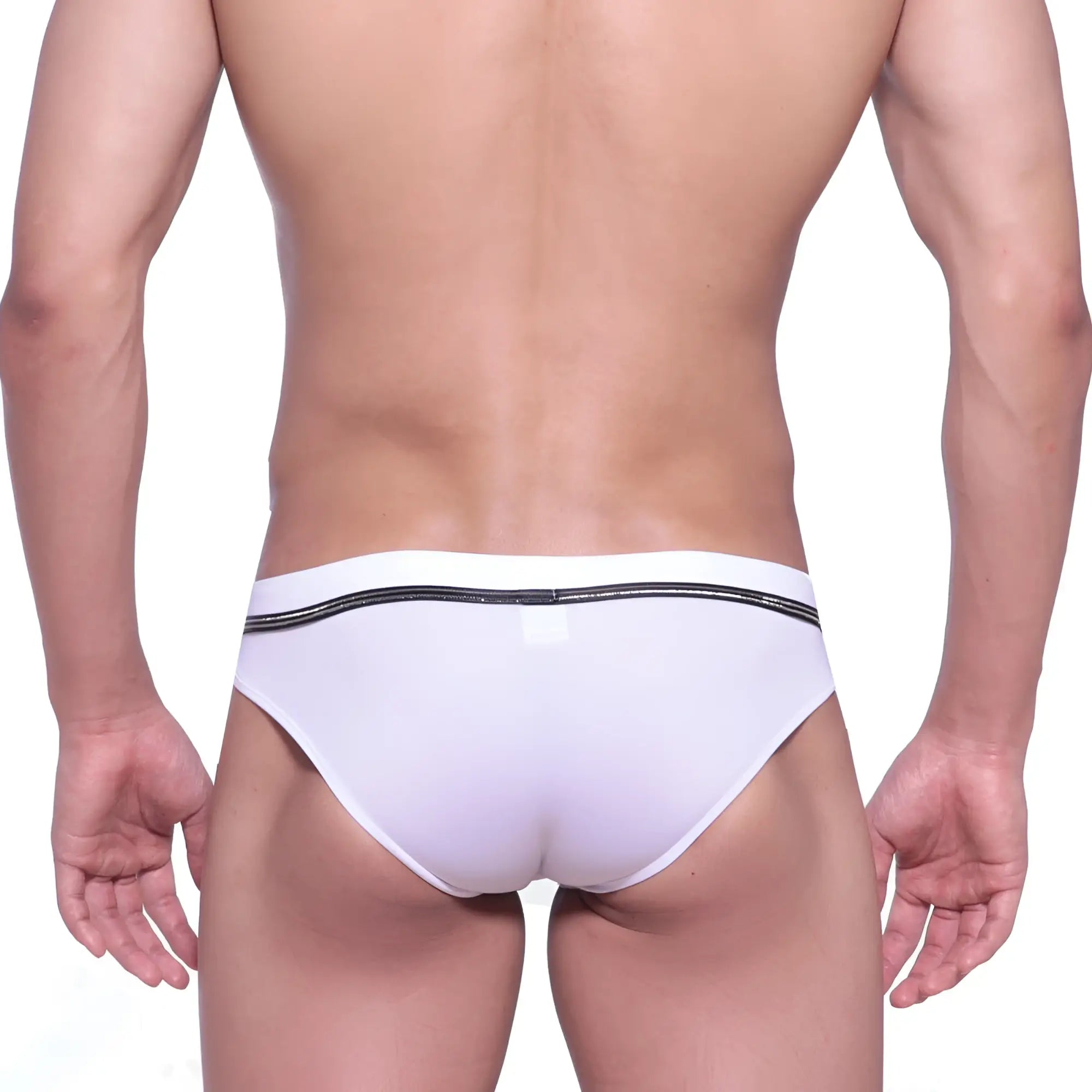 MetroMaleWear Duque swim brief white with black glittery elastic waistband offering stylish swimwear comfort