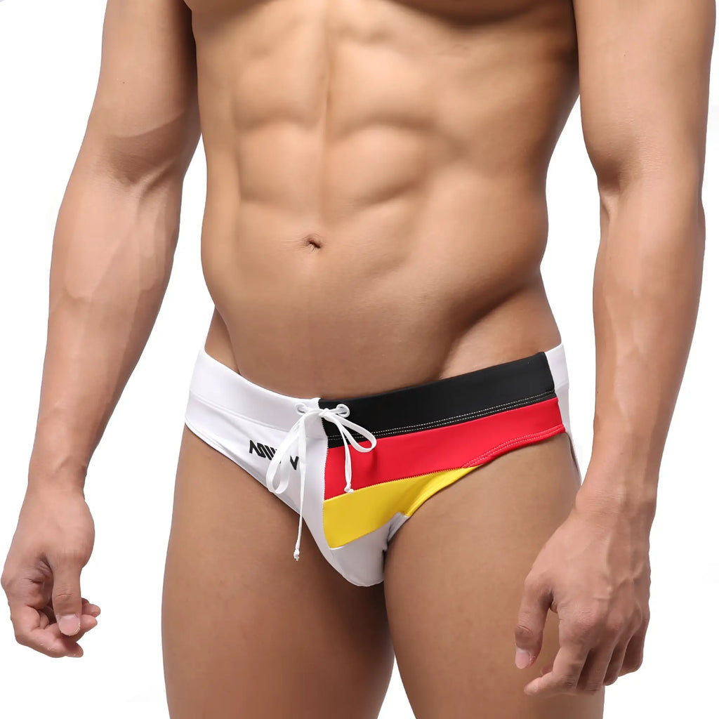 White metroMalewear swim trunks with bold black red and yellow german flag stripe design style 4946-31