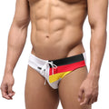 White metroMalewear swim trunks with bold black red and yellow german flag stripe design style 4946-31