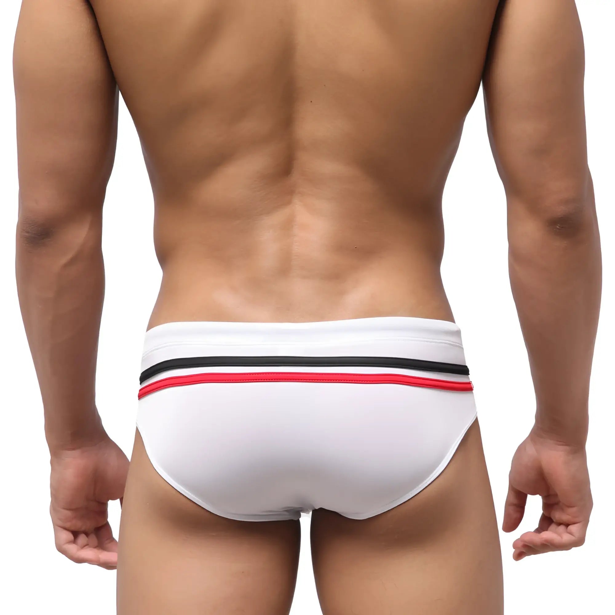 White swim trunks with a black and red striped waistband from metro malewear eagle swim brief 4948-01