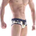 Navy blue and gold ornate patterned MetroMaleWear Egipto swim brief 4916-99 with drawstring waistband