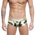 Black and white boxer briefs with gold chain pattern and glittery gold waistband featuring miiine logo metroMalewear egyptian trunk 7013-99