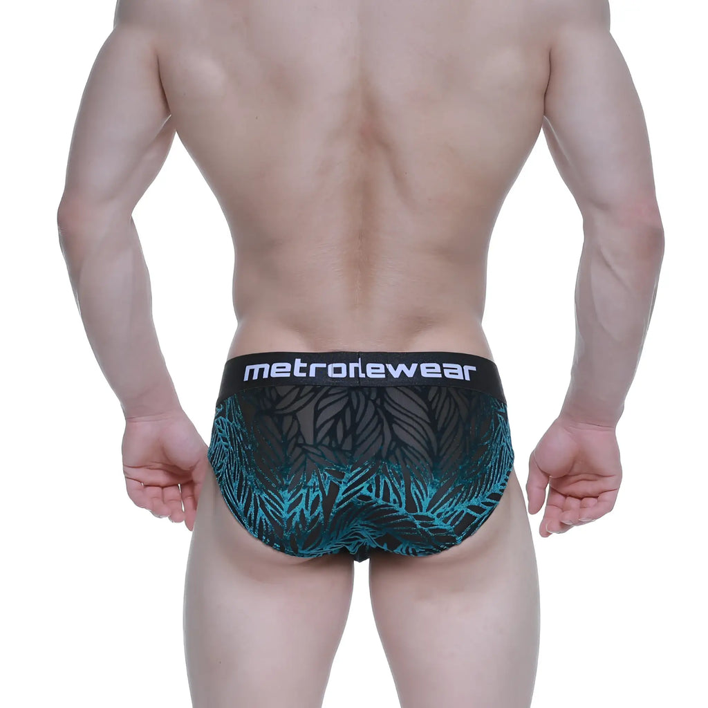 MetroMaleWear elegant brief black 5203-63 features black and teal tropical leaf pattern with branded waistband