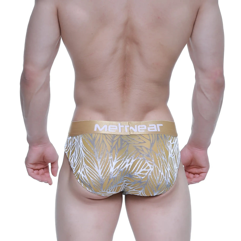 Men’s briefs metro male wear elegant brief gold 5203-62 with gold and silver leaf pattern and tan waistband