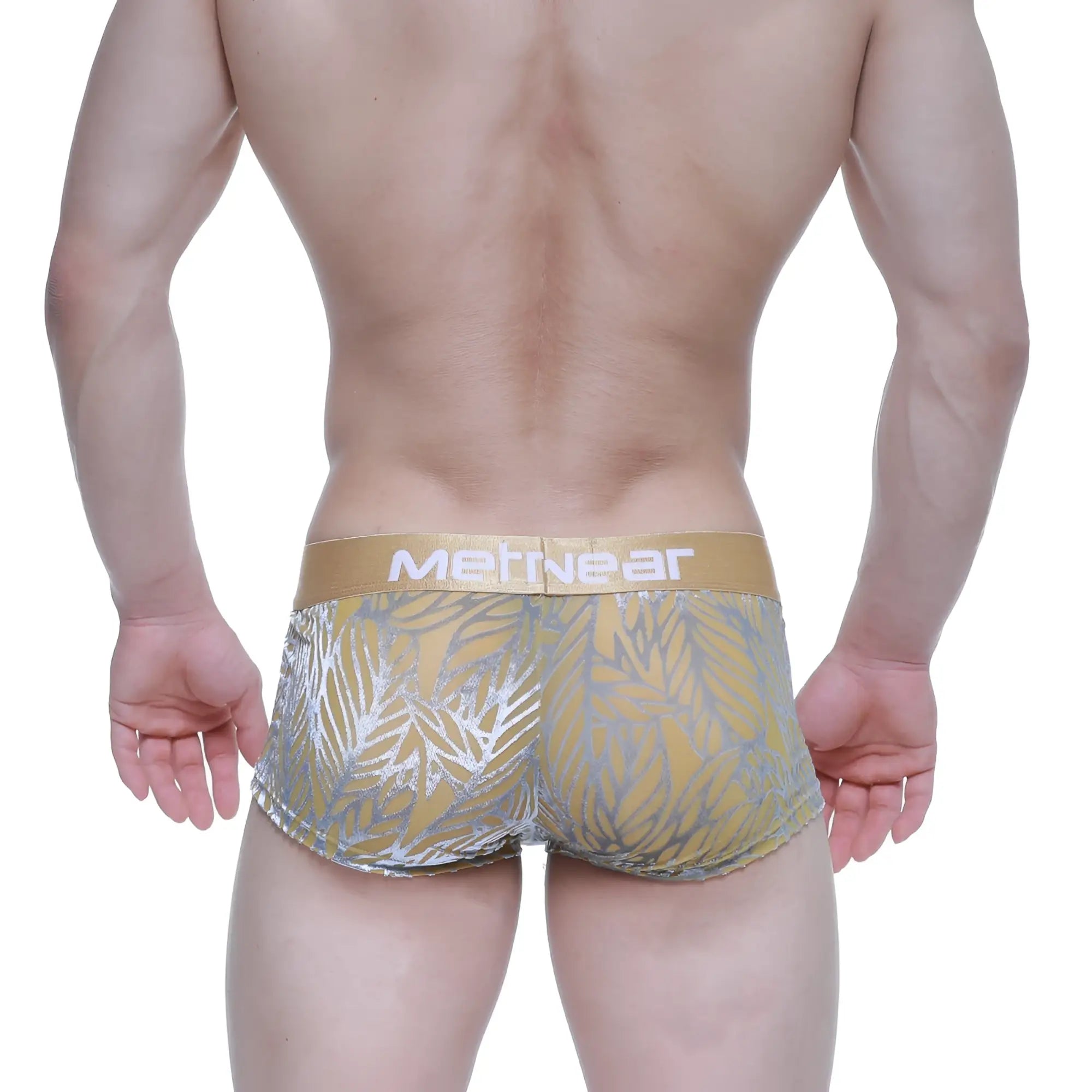 MetroMaleWear elegant short boxer 2026-65 gold and silver leaf patterned men’s briefs with metallic waistband