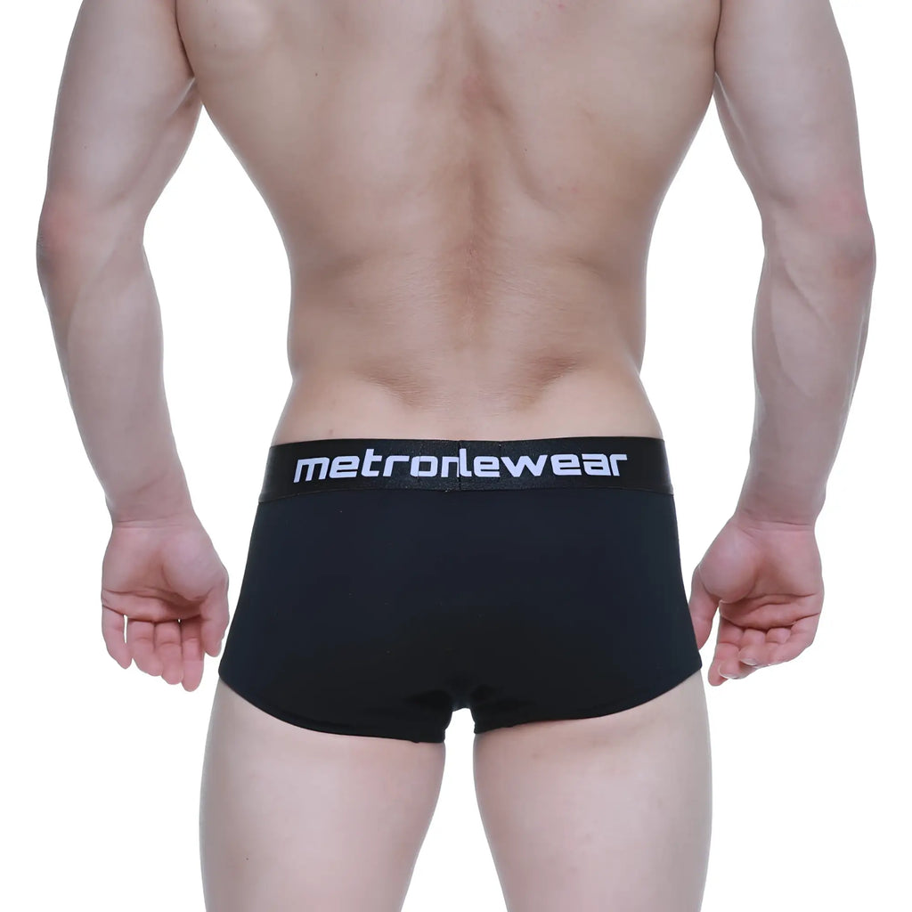Black mens briefs with a white metronewear logo on the waistband metroMalewear elemental boxer brief black 2029-20