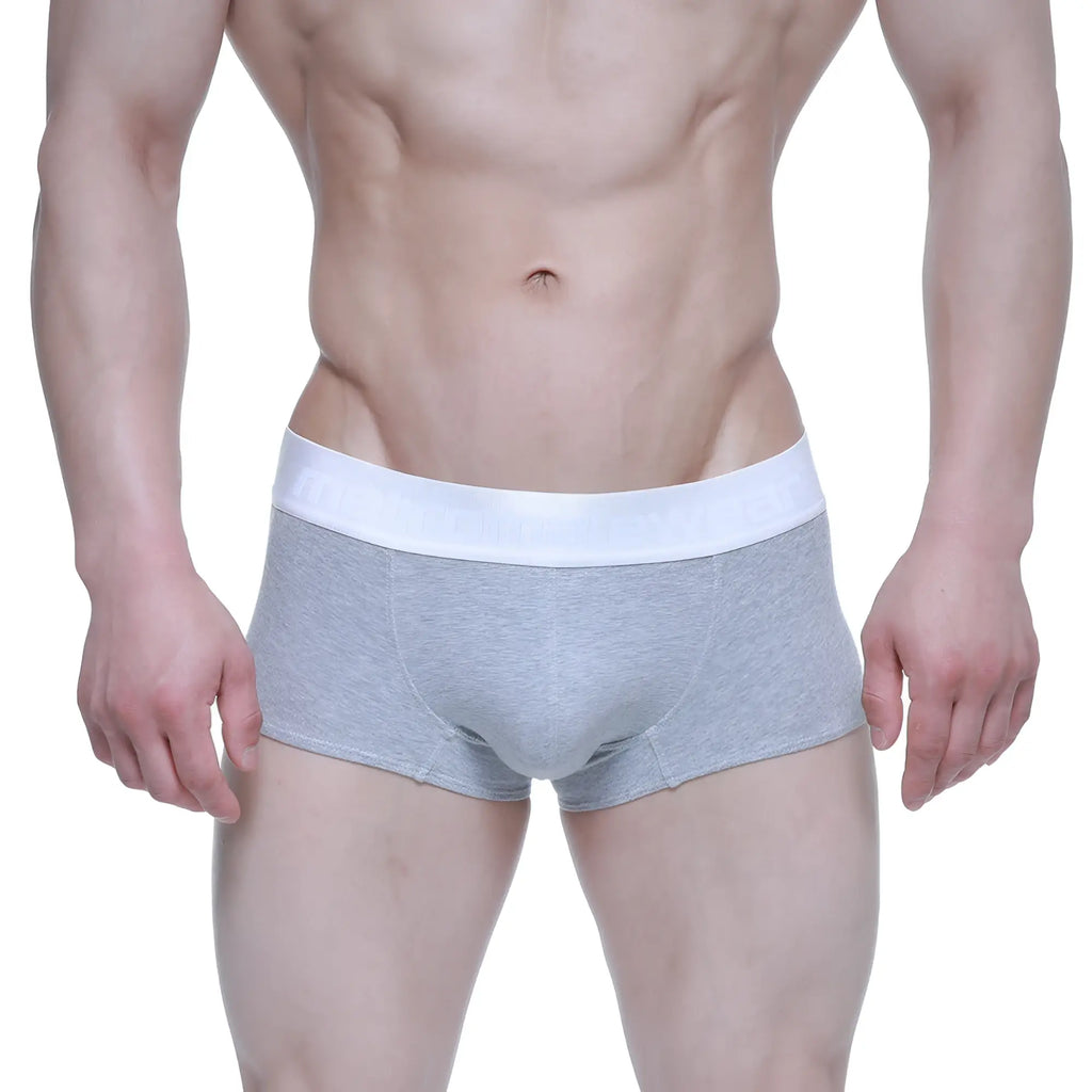 Gray heathered metroMalewear elemental boxer briefs with a white elastic waistband for comfortable wear