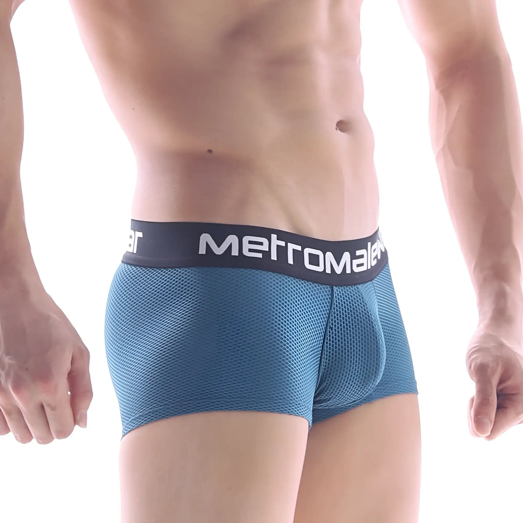 Blue mesh briefs with black metromale waistband featured in MetroMaleWear embossing dark green short boxer 7 inch 2022-27