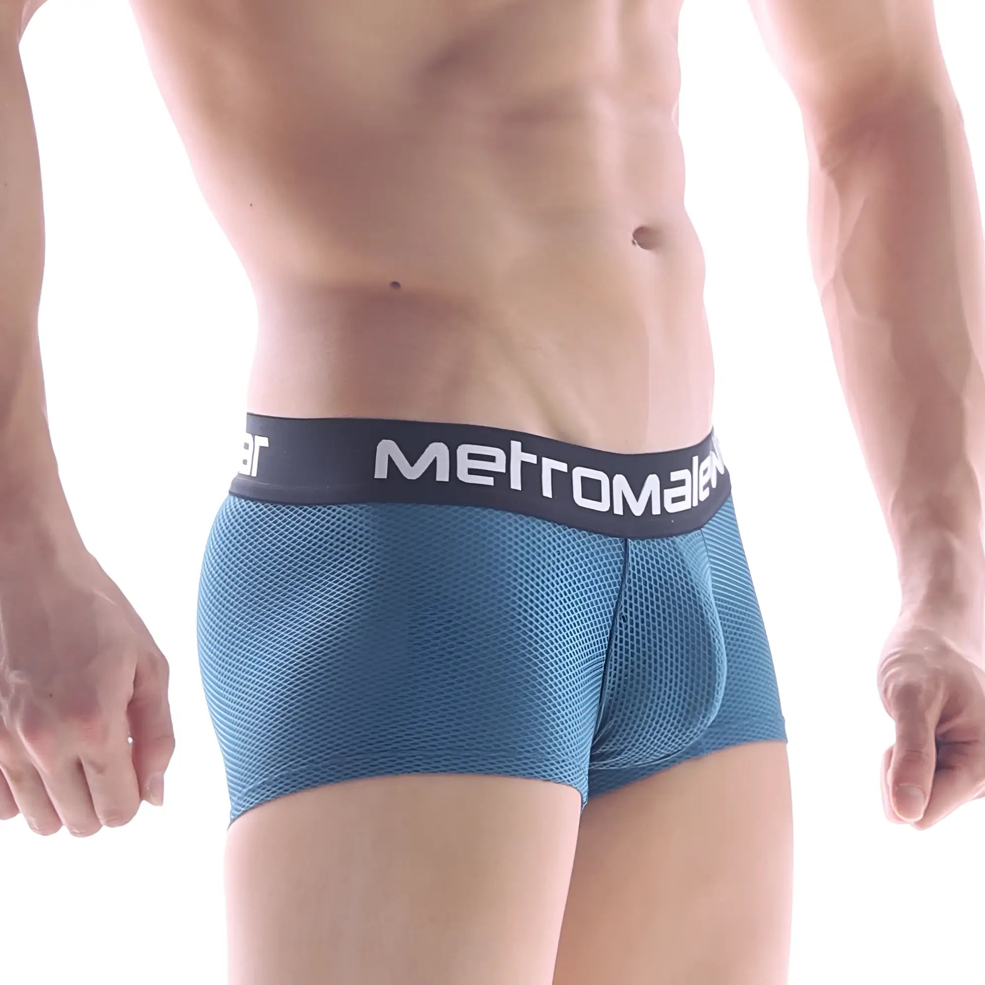 Blue mesh briefs with black metromale waistband featured in MetroMaleWear embossing dark green short boxer 7 inch 2022-27