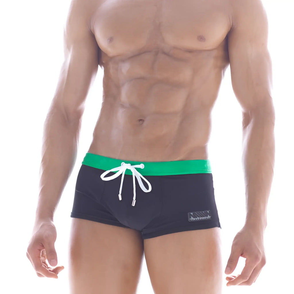 MetroMaleWear emerald swim boxer 4929-20 black swim trunks with vibrant green waistband and white drawstring