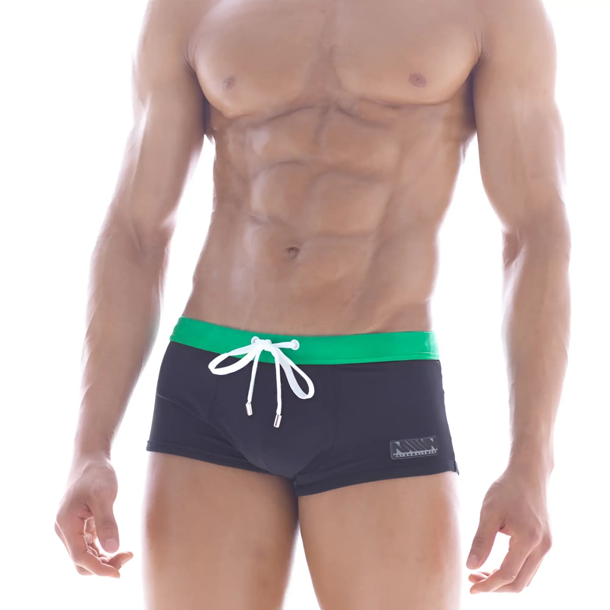 MetroMaleWear emerald swim boxer 4929-20 black swim trunks with vibrant green waistband and white drawstring