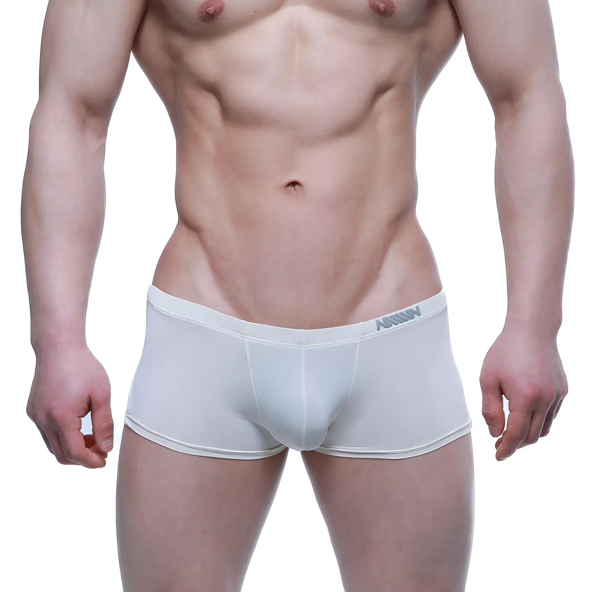 Beige metro male wear enhancement snug fit men’s briefs with subtle gray waistband branding for everyday comfort