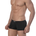 Black metro male wear enhancement boxer briefs with subtle white logo on waistband for comfortable support