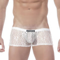 White lace men’s briefs with black brand label on waistband from metromalewear enhancement boxer lace nude 2043-71