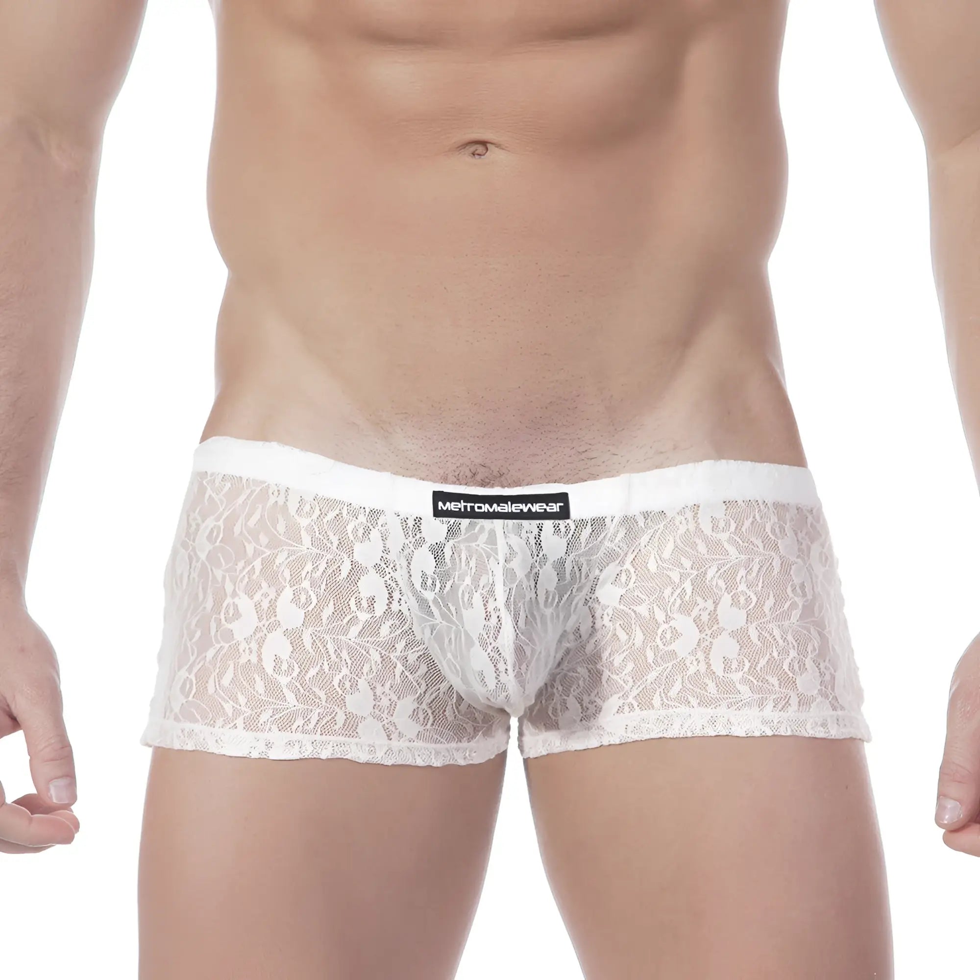 White lace men’s briefs with black brand label on waistband from metromalewear enhancement boxer lace nude 2043-71