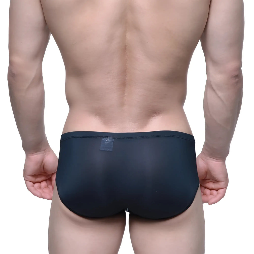 MetroMaleWear Entropy Bikini black swim trunks with smooth stretchy fabric and small transparent waistband label