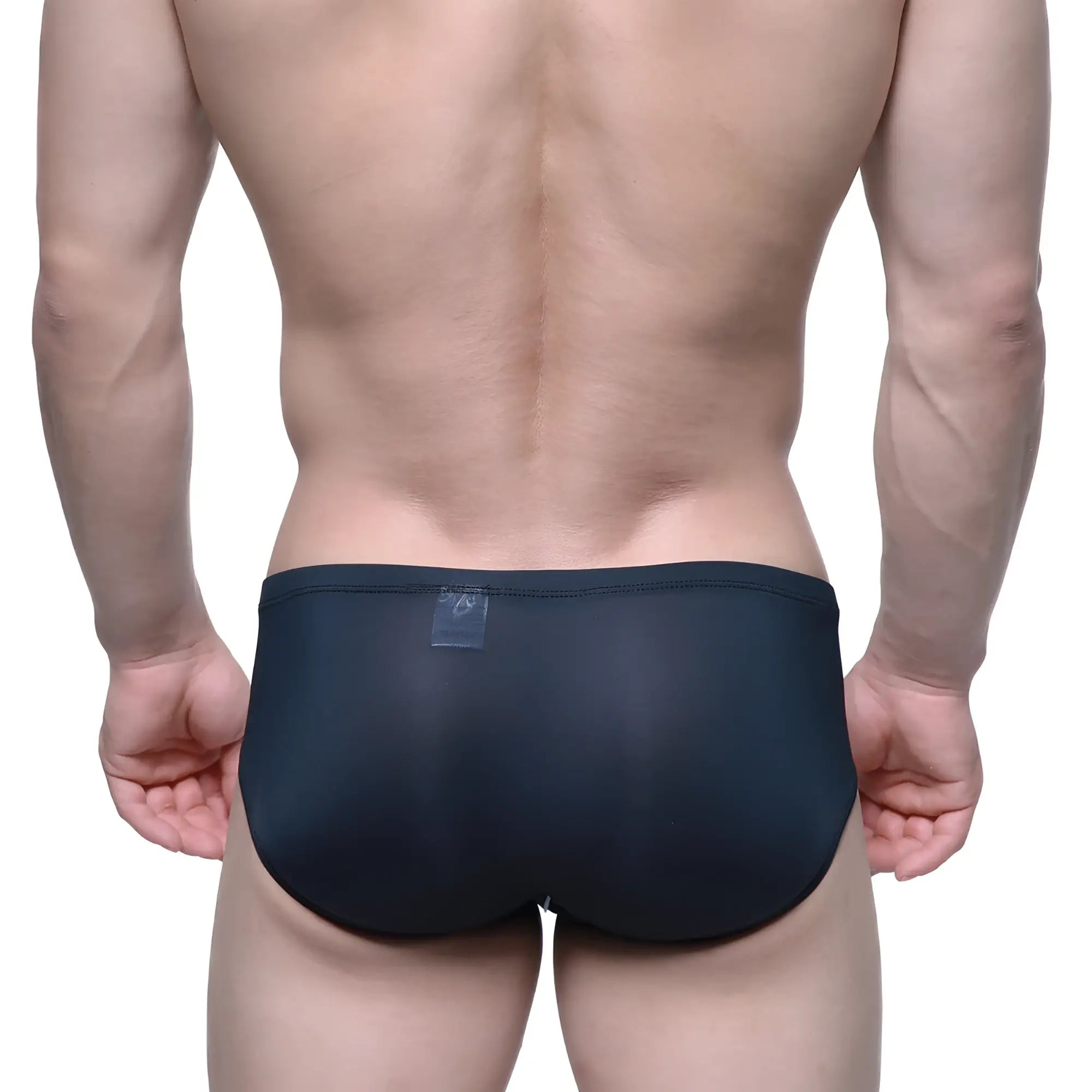 MetroMaleWear Entropy Bikini black swim trunks with smooth stretchy fabric and small transparent waistband label