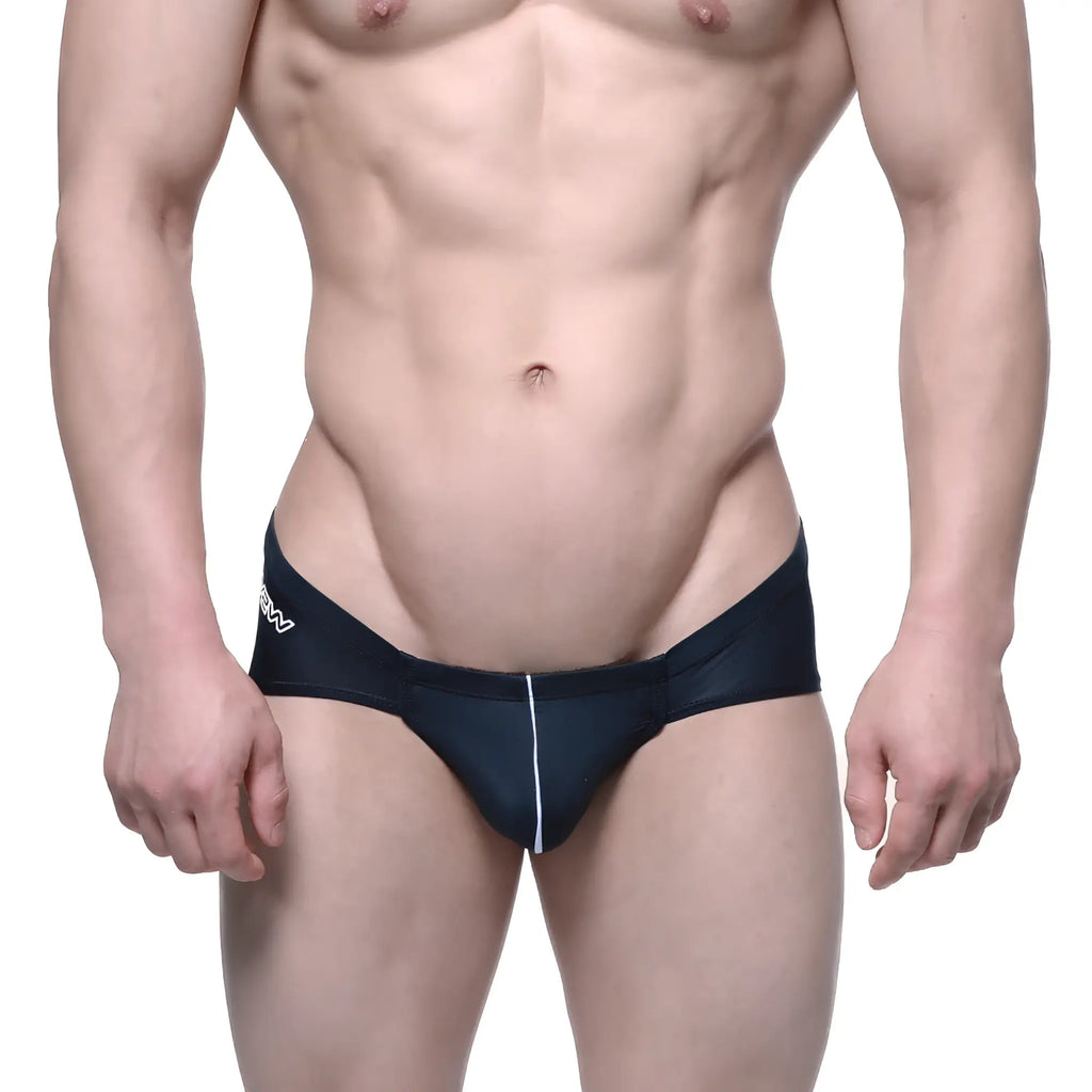 MetroMalewear entropy bikini black swim trunks with white vertical stripe and logo on left hip for men