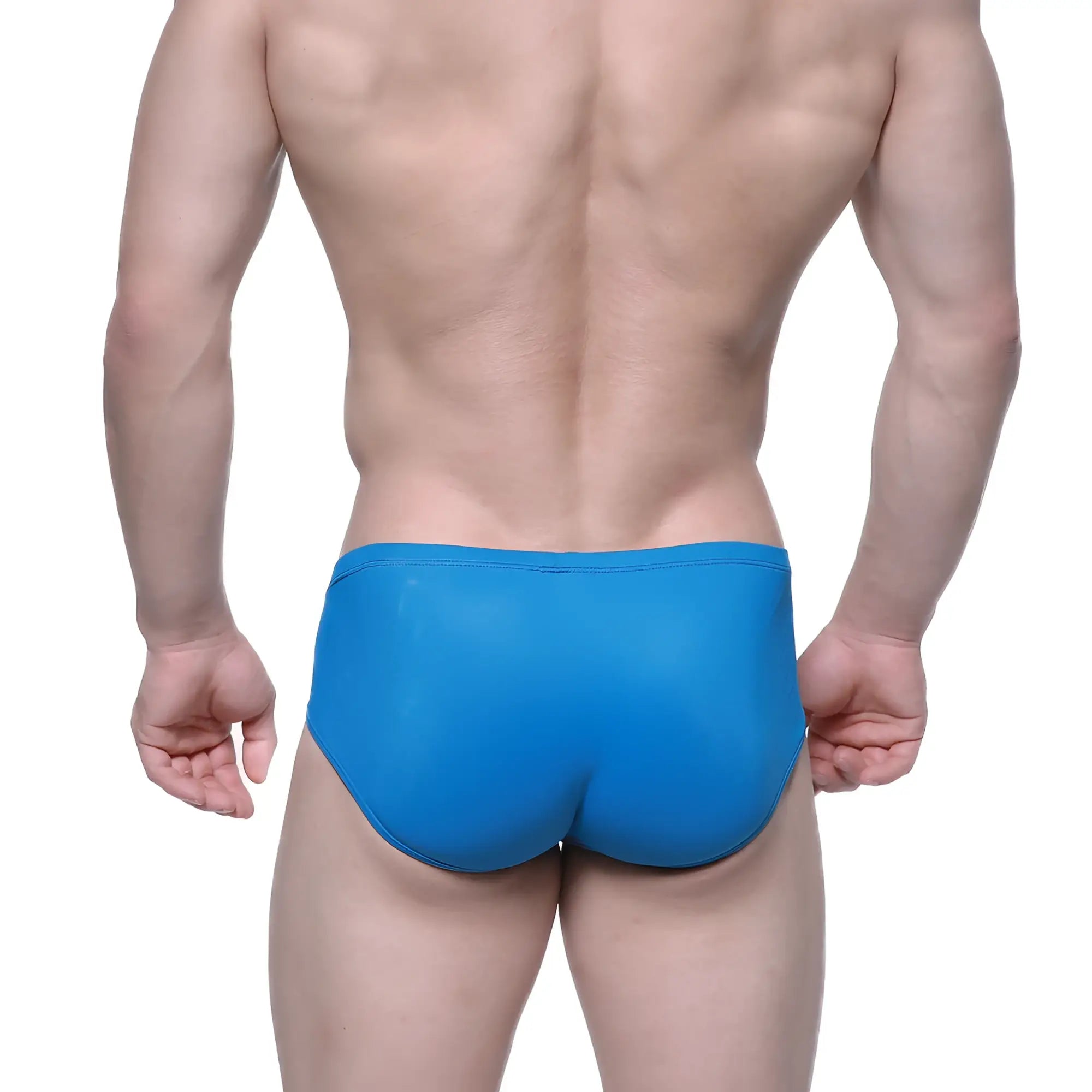 Bright blue metroMalewear Entropy bikini petrol swim trunks with a smooth glossy finish and form-fitting design