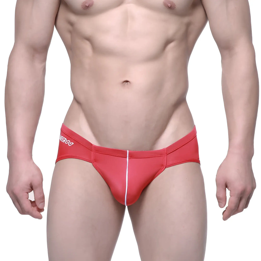 Metro male wear entropy bikini red athletic briefs with white vertical seam and new branding on the waistband