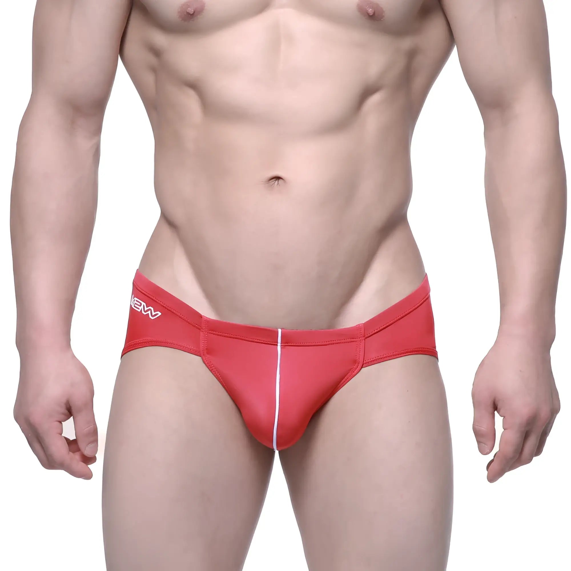 Metro male wear entropy bikini red athletic briefs with white vertical seam and new branding on the waistband