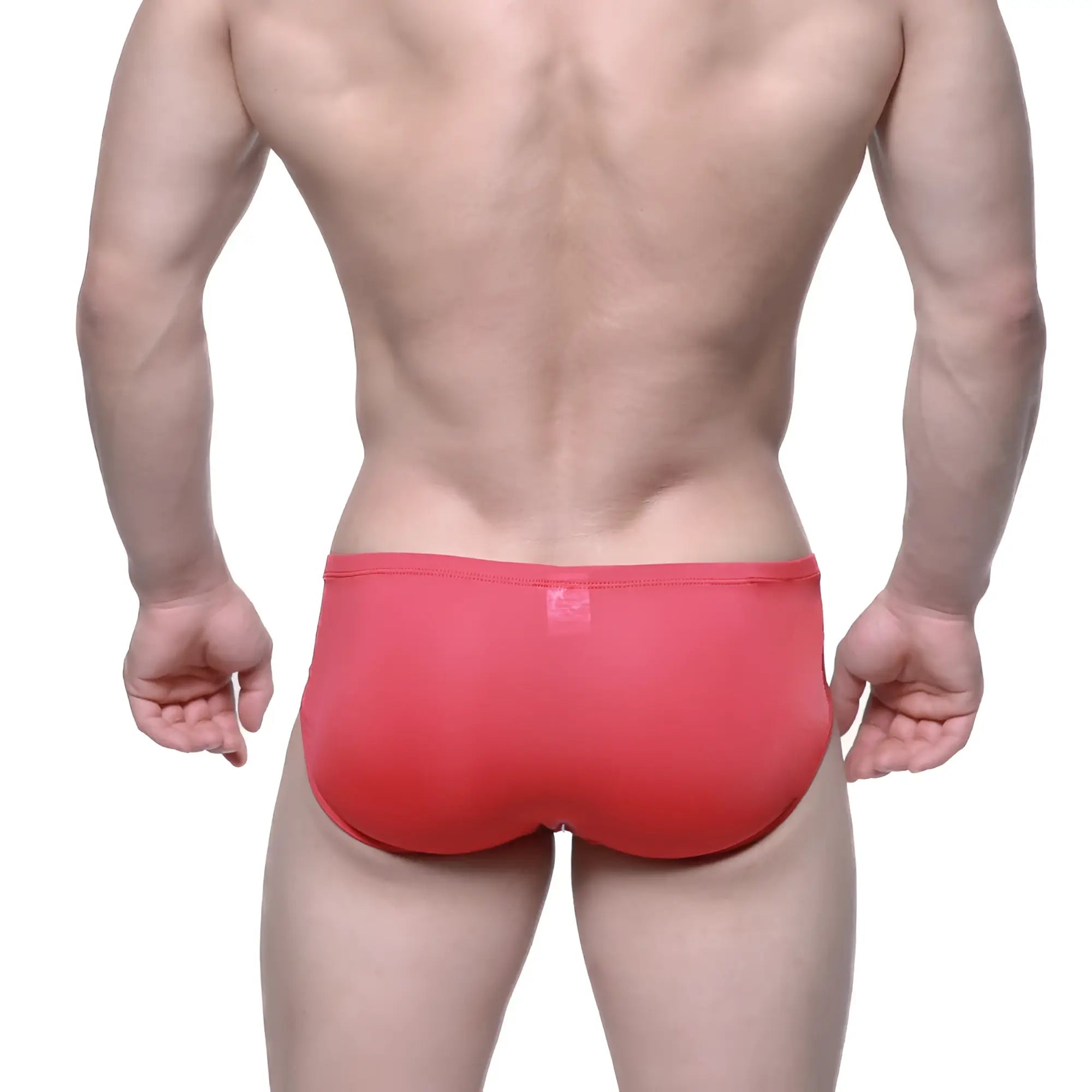 Back view of metroMalewear entropy bikini red men’s briefs with smooth form-fitting fabric and a logo on the waistband