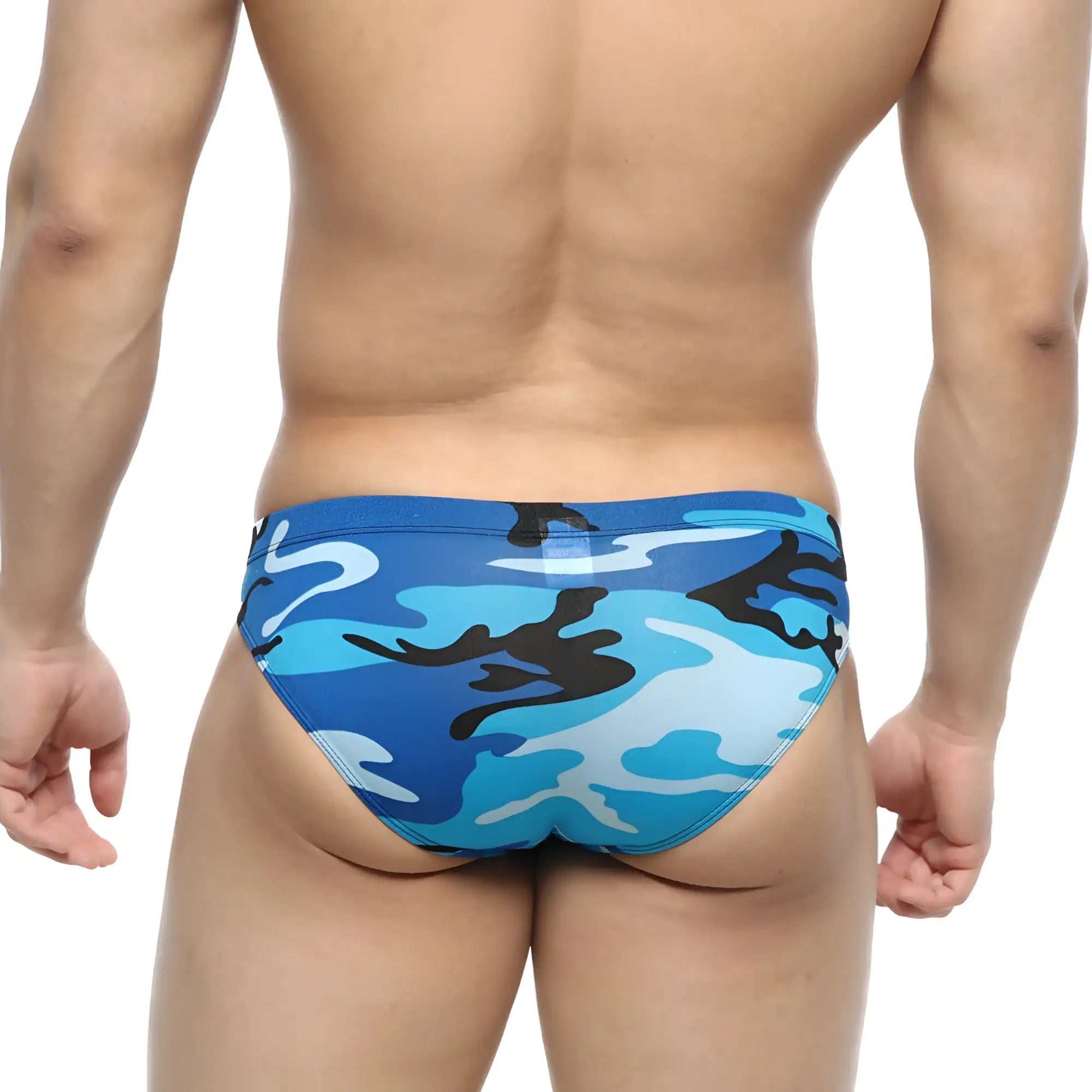 Blue and black camouflage patterned swim trunks metroamalewear equipaje bikini 5103-83 front view