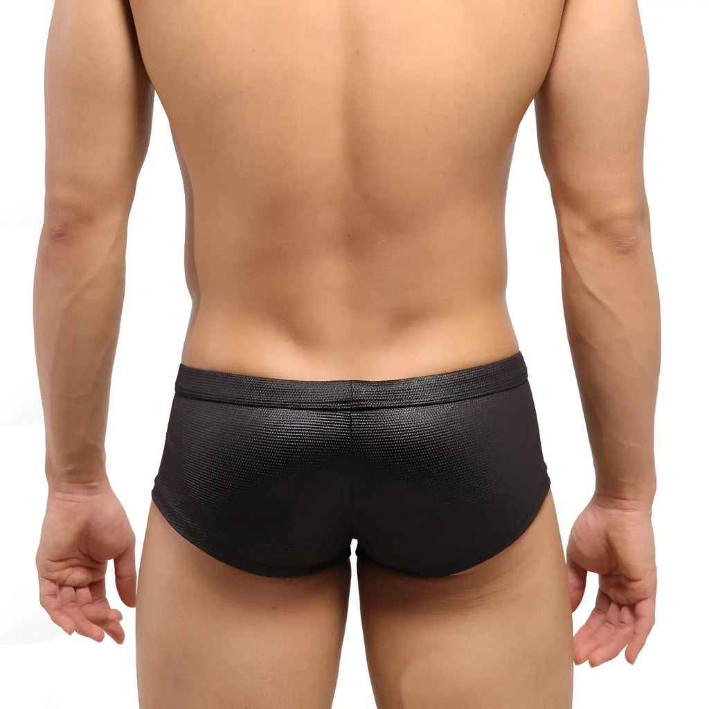 MetroMaleWear Escondido hip trunk metal black snug fit black textured swim trunks with elastic waistband