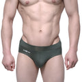 Dark olive green metro male wear espacio brief with sleek form fitting design and subtle white m2w logo on waistband
